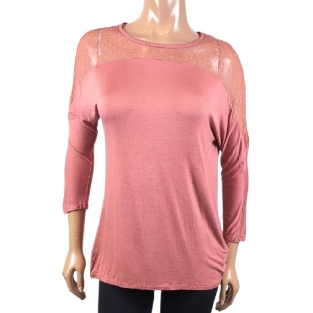 Suzy Shier Tunic Top Sheer Shoulder Cropped Sleeve Stretchy Rayon Blouse Salmon